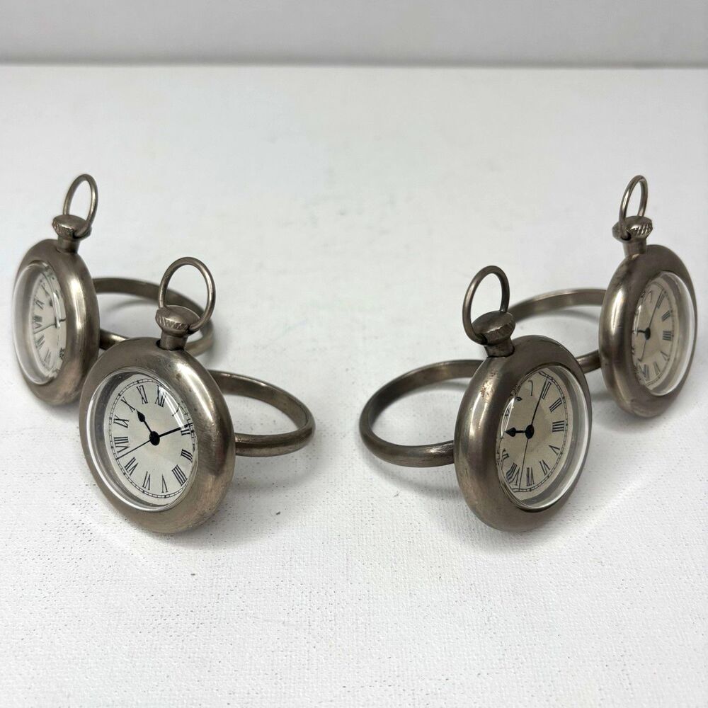 Set of 4 Pewter Pocket Watch Napkin Rings Roman Numeral Vintage Style
